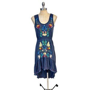 Johnny Was Blue Hi Low Sleeveless Embroidered Floral Dress Small